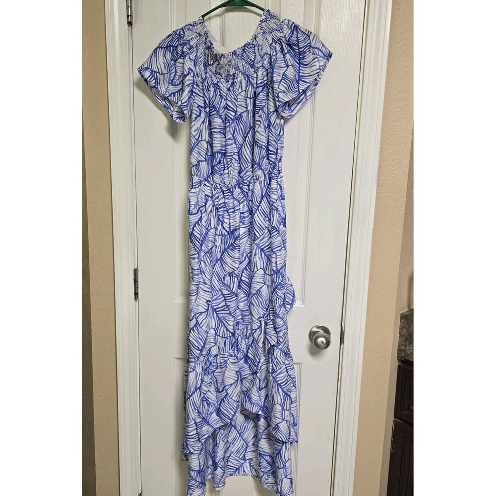 VINEYARD VINES Banana Leaf High Low Maxi Dress rayon and silk off shoulder sz 4